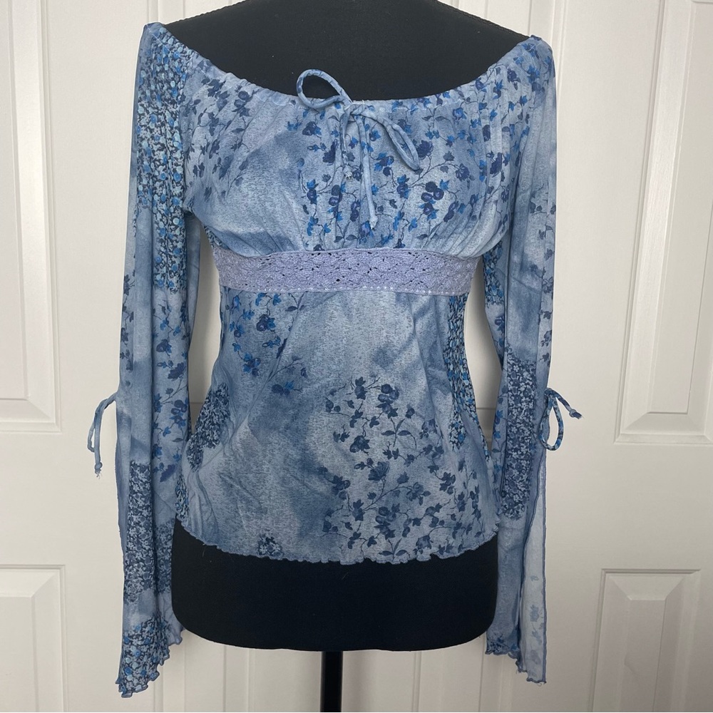 No Boundaries Blue Floral Off-Shoulder Long Sleeve Blouse